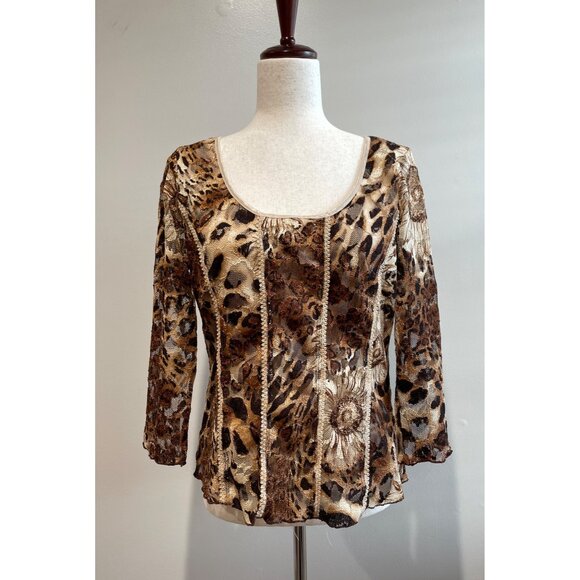 Serenade New York Tops - Vtg Y2K Serenade New York Lace Blouse Womens L Brown Sunflower Leopard Print